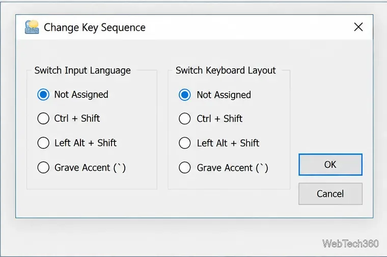 Диалоговое окно «Изменение последовательности клавиш» в Windows 10, отображающее параметры сочетаний клавиш для языка ввода и раскладки клавиатуры.