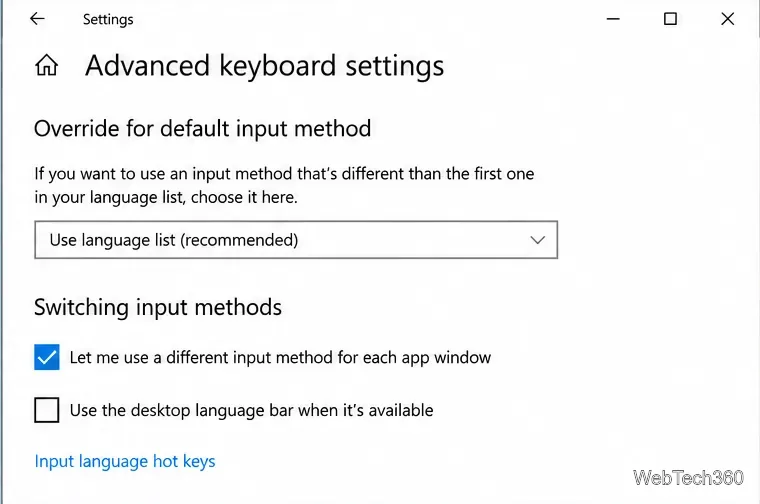 На странице расширенных настроек клавиатуры Windows 10 отображается ссылка на горячие клавиши «Язык ввода».