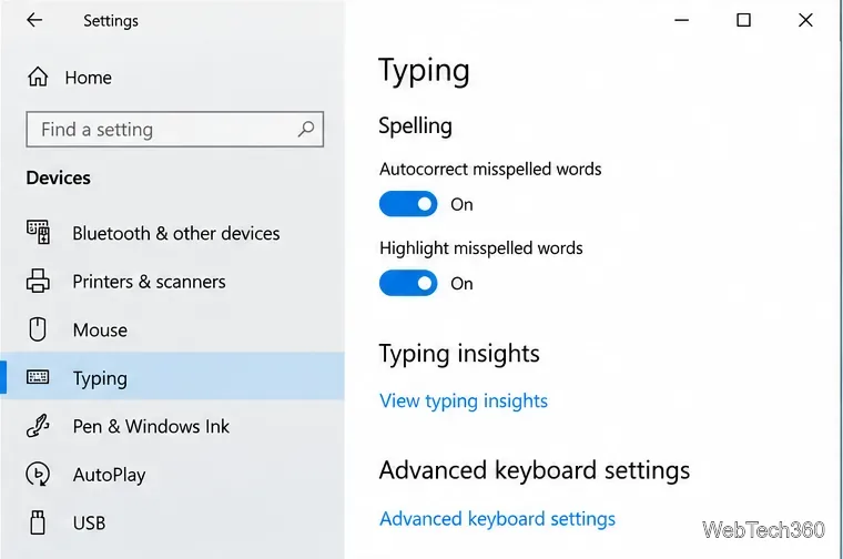 Страница настроек ввода в Windows 10 с видимой ссылкой «Дополнительные параметры клавиатуры».