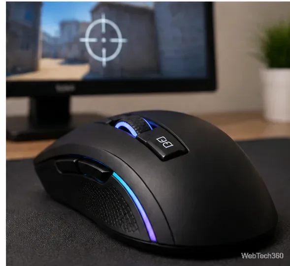 Gros plan sur une souris de jeu noire avec un bouton DPI dédié près de la molette de défilement et des accents latéraux lumineux, sur un bureau devant un écran flou.