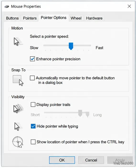 Boîte de dialogue classique Propriétés de la souris Windows affichant l'onglet Options du pointeur, le curseur de vitesse du pointeur, la case à cocher Améliorer la précision du pointeur et les options de visibilité.