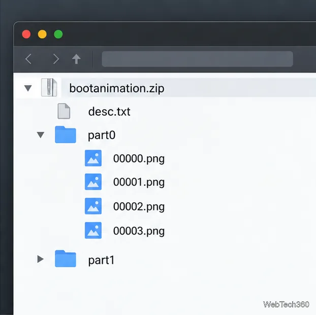 Содержимое архива включает файл desc.txt в корневом каталоге и часть 0 с последовательными кадрами PNG.