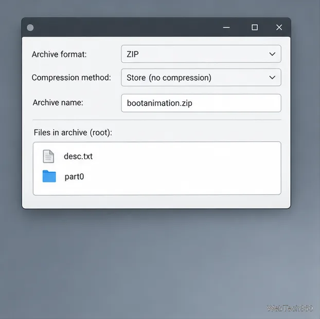 В настройках ZIP-архива указано, что сжатие и файлы desc.txt и part0 должны храниться в корне архива.