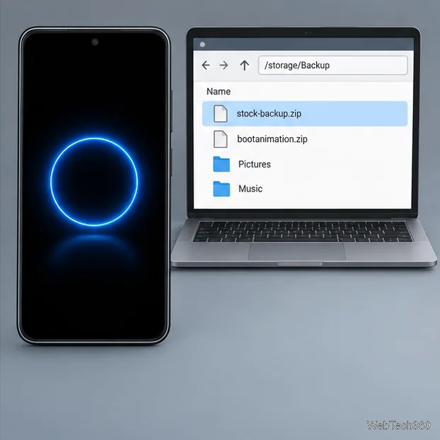 На экране Android-телефона отображается анимация синего кольца, а рядом с ним — ноутбук, на котором показан файл резервной копии.