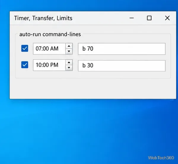 Timer, Transfer, Limits settings with enabled 7 AM and 10 PM brightness command rows