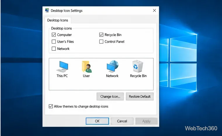Caseta de dialog Setări pictogramă desktop Windows 10 care afișează casetele de selectare pentru pictograma desktop și butonul Schimbare pictogramă