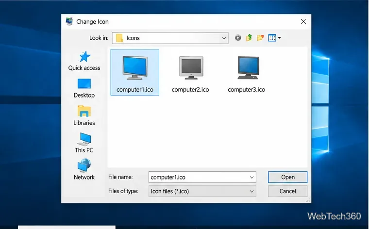 Selector de fișiere Windows 10 Change Icon cu un fișier ICO selectat și butonul Deschidere gata