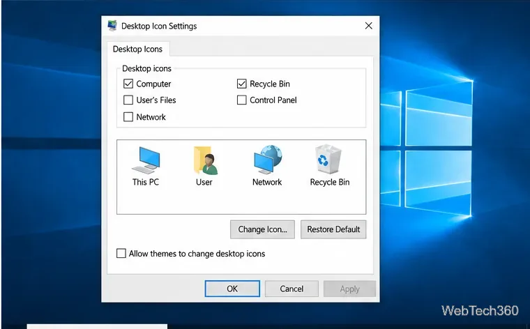 Caseta de dialog Setări pictograme desktop Windows 10 cu opțiunea Permiteți temelor să modifice pictogramele desktopului nebifată și opțiunea Restaurare setări implicite disponibilă