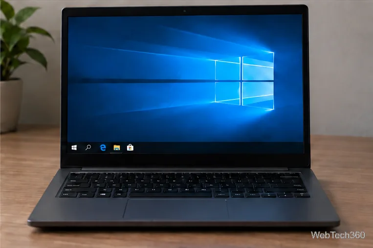 Un desktop laptop cu Windows 10 și butoane compacte pentru aplicații de-a lungul barei de activități
