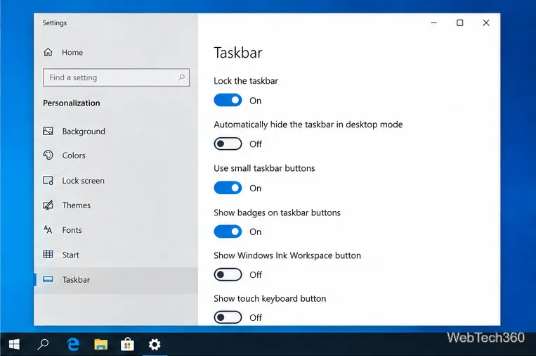 Setările barei de activități Windows 10 cu opțiunea Utilizați butoanele mici din bara de activități activată