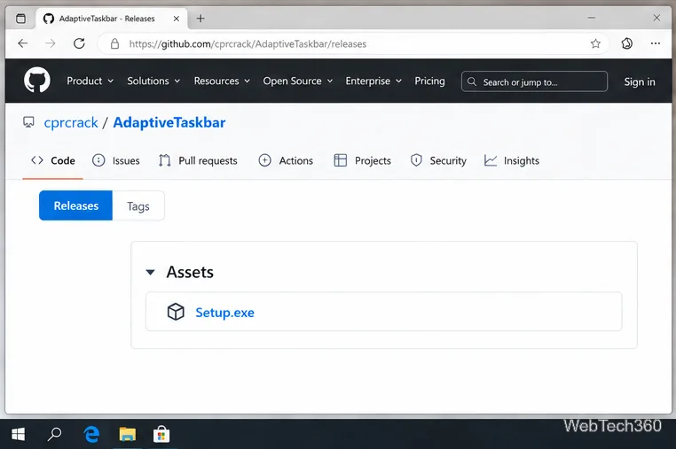 Pagina de lansări GitHub pentru cprcrack AdaptiveTaskbar cu o descărcare Setup.exe