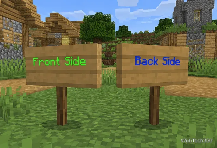 Две вывески в стиле Minecraft, на лицевой стороне — зелёный текст, на обратной — синий.