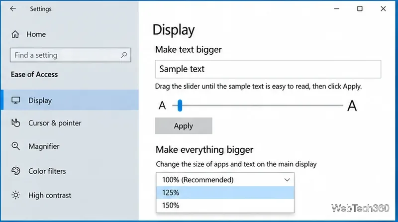 Windows 10 Make everything bigger dropdown showing 100 percent, 125 percent, and 150 percent choices