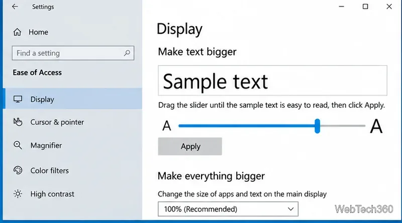 Windows 10 Make text bigger slider moved to the right with enlarged sample text