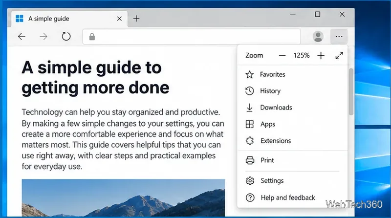Microsoft Edge menu open on Windows 10 with page zoom set to 125 percent