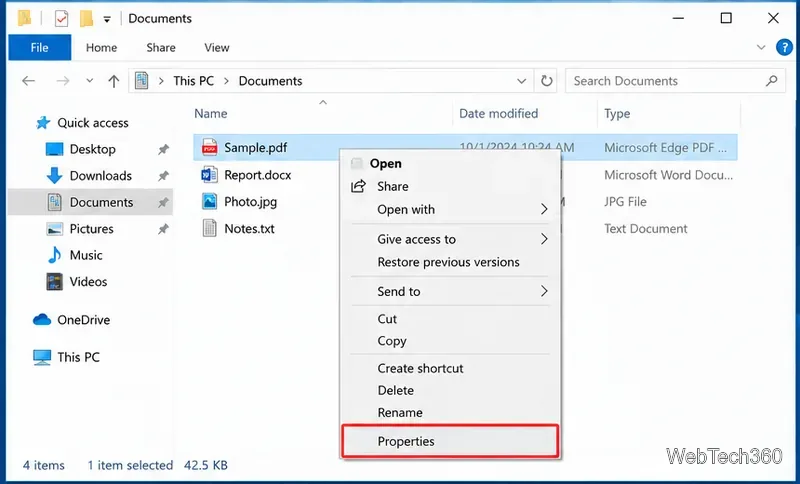 Windows 10 File Explorer context menu with Properties highlighted for a PDF file