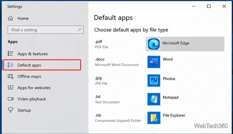 Windows 10 Settings Default apps page showing file extensions and their assigned programs