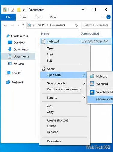 Windows 10 Open with menu showing Choose another app for a selected file