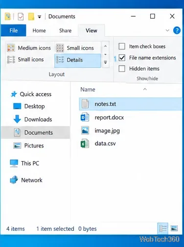 Windows 10 File Explorer View tab with File name extensions turned on