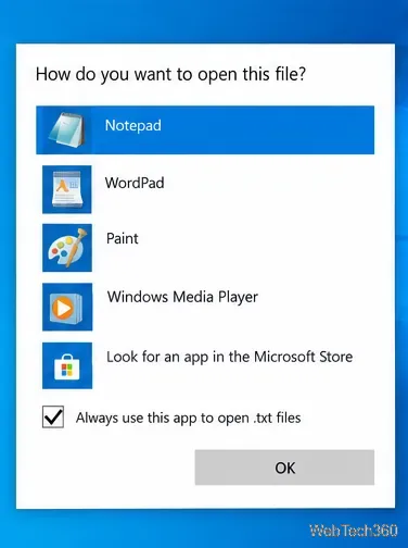 Windows 10 app chooser with Always use this app to open text files enabled