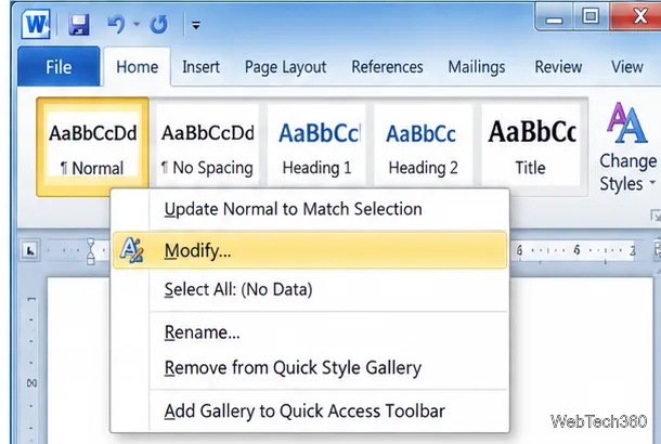 Word 2010のスタイルギャラリーで、「標準」スタイルのコンテキストメニューが開き、「変更」がハイライト表示されている状態。