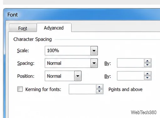 Word 2010の「詳細設定」フォントタブには、文字間隔、位置、拡大縮小、カーニングのコントロールが表示されます。