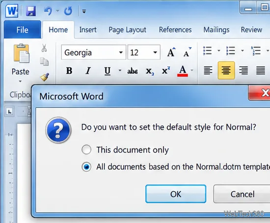 「Normal.dotm テンプレートに基づくすべてのドキュメント」が選択された状態で、Word の確認ウィンドウが表示されます。