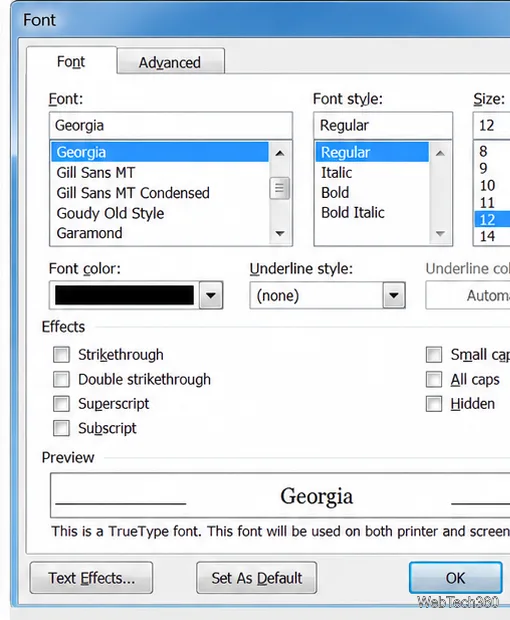 Word 2010のフォントタブで、Georgia、Regular、12ポイントのテキストが選択されており、フォント効果と[既定値として設定]ボタンも表示されている。