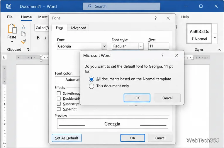 Message de confirmation Word indiquant que tous les documents basés sur le modèle Normal sont sélectionnés et que le bouton « Définir comme modèle par défaut » est visible en arrière-plan.