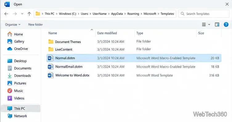 В диалоговом окне «Открыть» в Windows отображается выбранный файл Normal.dotm в папке «Шаблоны Microsoft».