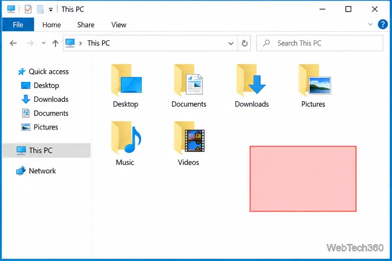 Проводник Windows 10 с полупрозрачным коралловым прямоугольником выделения пустого пространства в панели файлов.
