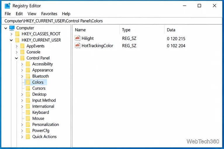 Редактор реестра в разделе HKEY_CURRENT_USER. Цвета панели управления, отображение строковых значений Hilight и HotTrackingColor.