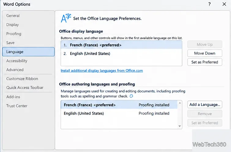 Officeの言語設定で、フランス語が優先表示言語および作成言語として設定されている。