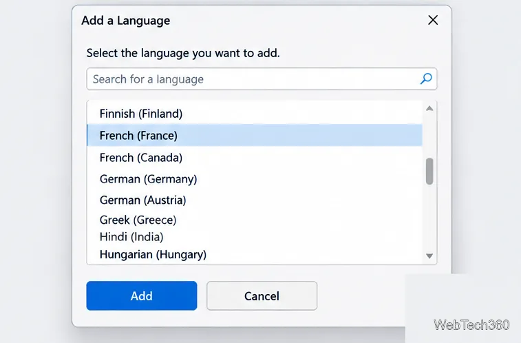 利用可能な言語の中からフランス語(フランス)を選択した状態で、言語ダイアログを追加します。
