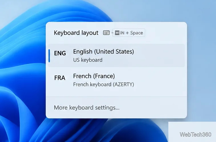 Windowsキーボードレイアウト選択ツールで、Windowsキーとスペースキーのショートカットキーで英語とフランス語のレイアウトを表示します。