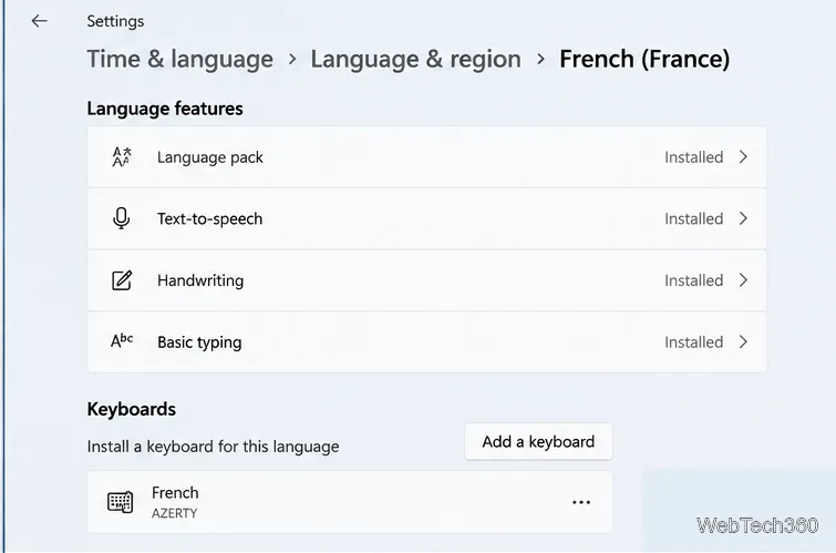 インストールされているフランス語機能とキーボードコントロールを追加するWindows言語オプションが表示されます