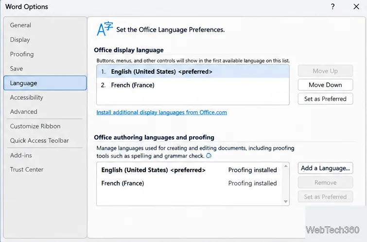 Word のオプションの言語ページには、Office の表示言語と作成言語のセクションが別々に用意されています。