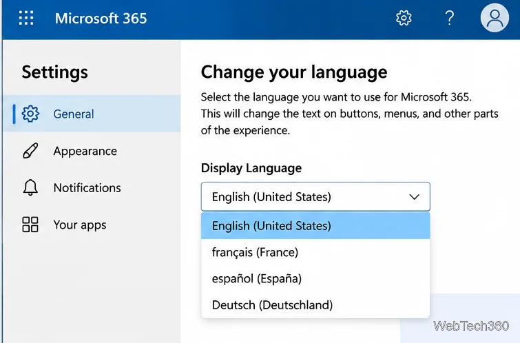 表示言語セレクターが展開されたMicrosoft 365 Web設定
