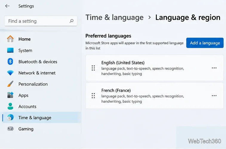 Windows 11 の設定画面で、優先言語と言語の追加を表示する言語と地域のページ。