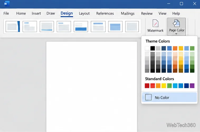 Word’s Page Color palette with No Color highlighted above a white document page.