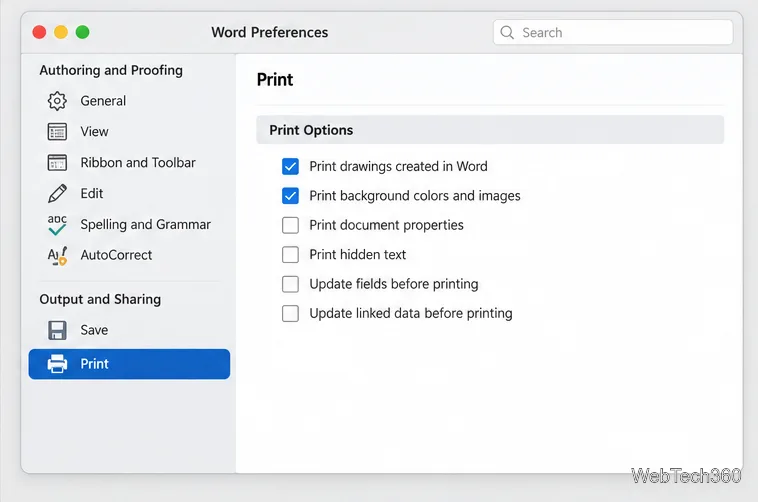 Word Preferences on Mac at Output and Sharing, Print, with Print background colors and images checked.