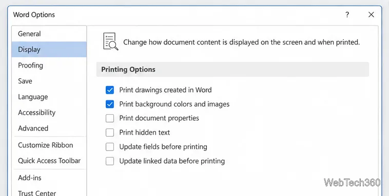 Word Options on Windows at Display, with Print background colors and images checked under Printing Options.