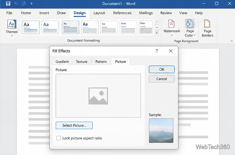 Word’s Fill Effects dialog with the Picture tab selected, showing the Select Picture button and a sample preview.