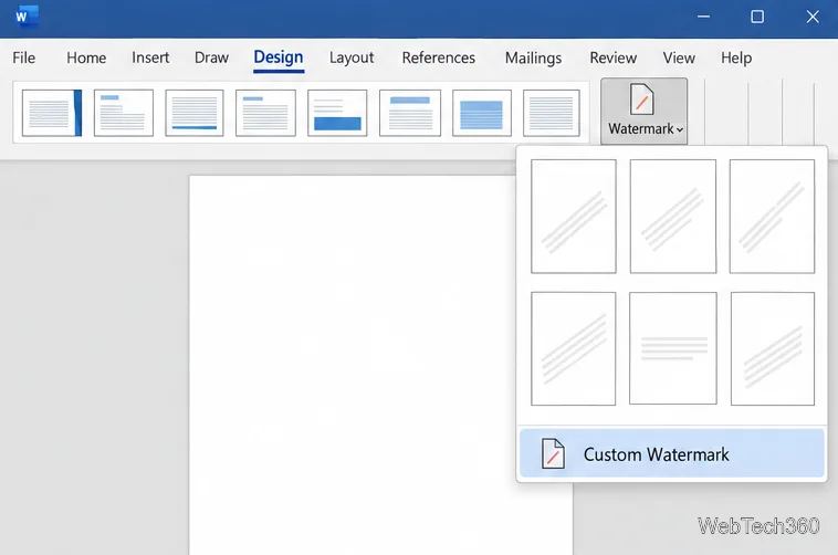 Word’s Design ribbon with the Watermark gallery open and Custom Watermark highlighted.