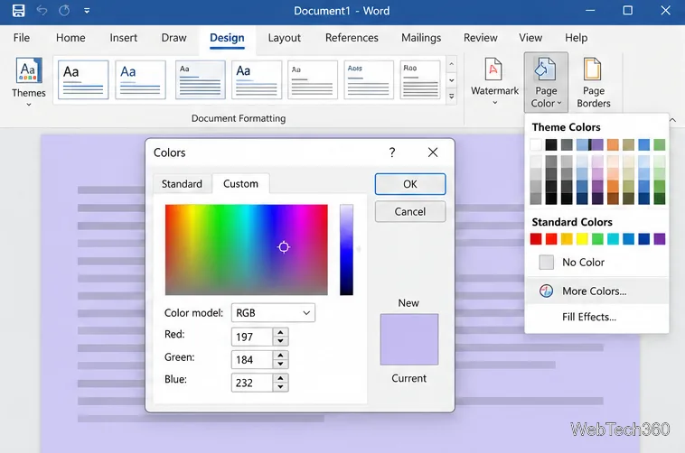 Word’s Page Color menu beside a custom Colors dialog with a lavender page background and RGB fields.