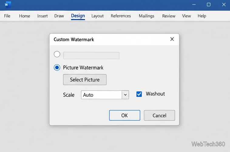 Word’s Custom Watermark dialog with Picture Watermark selected, Select Picture, Scale set to Auto, and Washout checked.