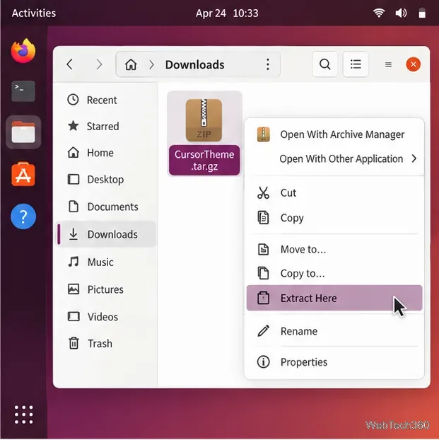 Fichiers GNOME affichant une archive de thème de curseur dans Téléchargements et l'option de menu Extraire ici