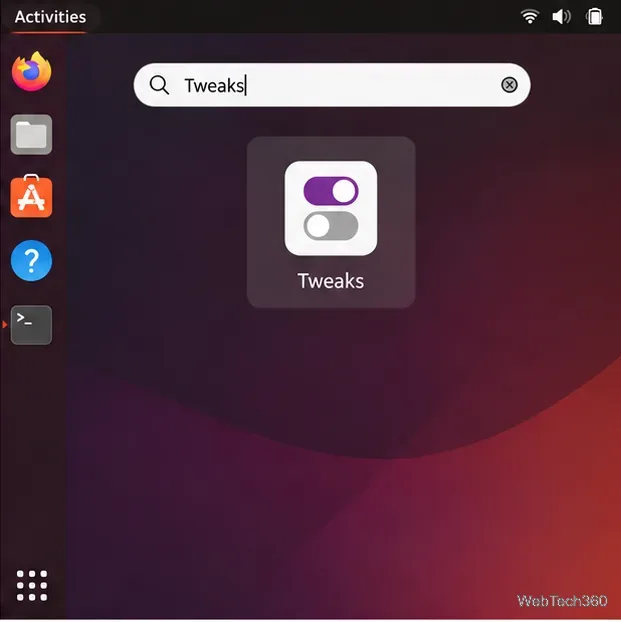La recherche d'activités GNOME affiche Tweaks comme résultat d'application.