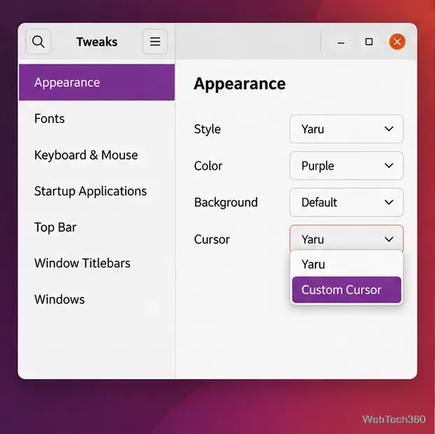 Page d'apparence de GNOME Tweaks avec le menu déroulant Curseur ouvert et Curseur personnalisé sélectionné