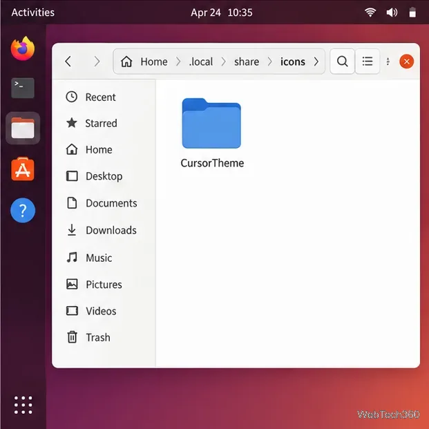 GNOME Files ouvre les dossiers Accueil, .local, partage et icônes, avec un dossier CursorTheme à l'intérieur.